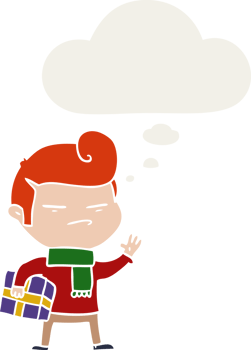 cartoon cool guy with fashion hair cut with thought bubble in retro style png