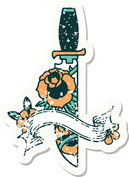 worn old sticker with banner of a dagger and flowers png