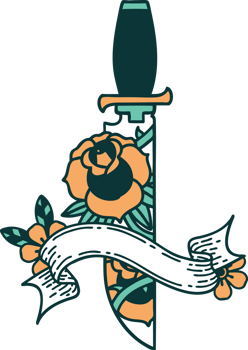 traditional tattoo with banner of a dagger and flowers png