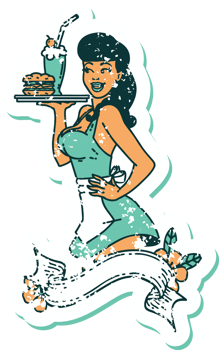 distressed sticker tattoo in traditional style of a pinup waitress girl with banner png