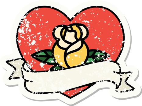 distressed sticker tattoo in traditional style of a heart rose and banner png