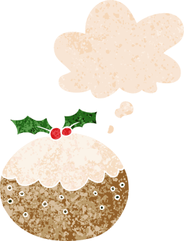 cartoon christmas pudding with thought bubble in grunge distressed retro textured style png