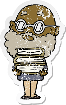 distressed sticker of a cartoon curious man with beard and glasses png