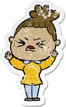 distressed sticker of a cartoon angry woman png