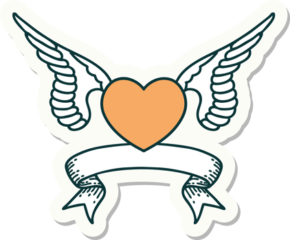 tattoo style sticker with banner of a heart with wings png