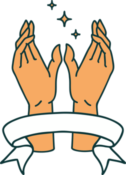 traditional tattoo with banner of reaching hands png