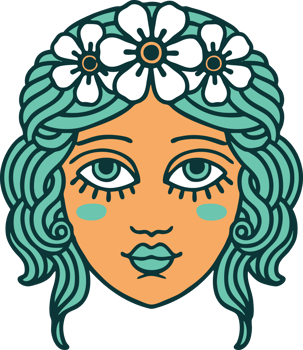 iconic tattoo style image of female face with crown of flowers png