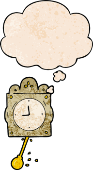 cartoon ticking clock with thought bubble in grunge texture style png