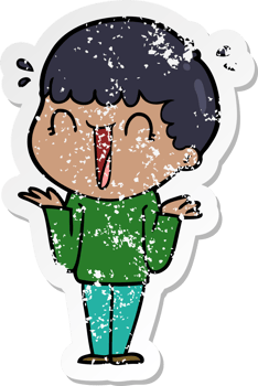 distressed sticker of a laughing cartoon man shrugging shoulders png