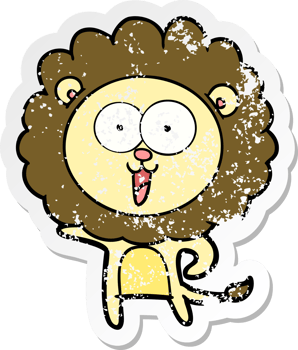 distressed sticker of a happy cartoon lion png