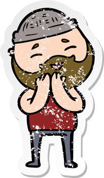 distressed sticker of a cartoon happy bearded man png