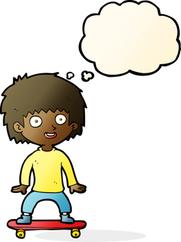 cartoon boy on skateboard with thought bubble png