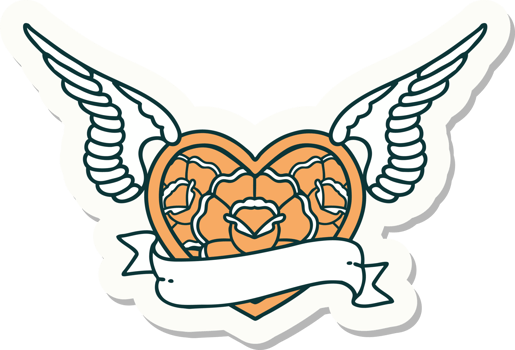 sticker of tattoo in traditional style of a flying heart with flowers and banner png