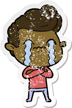 distressed sticker of a cartoon man crying png