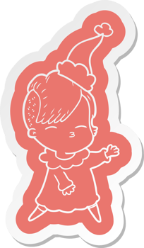quirky cartoon  sticker of a squinting girl wearing santa hat png