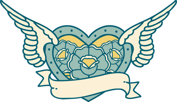 tattoo style icon of a flying heart with flowers and banner png