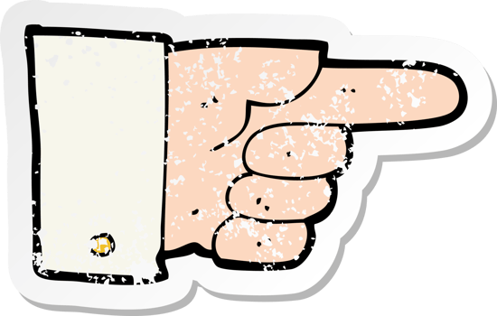retro distressed sticker of a cartoon pointing hand png