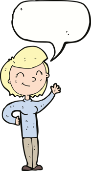 cartoon friendly waving woman with speech bubble png
