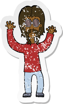 retro distressed sticker of a cartoon hippie man waving arms png