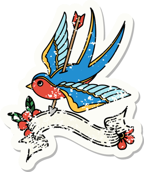 grunge sticker with banner of a swallow pieced by arrow png