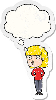 cartoon woman staring and thought bubble as a distressed worn sticker png