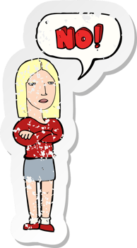 retro distressed sticker of a cartoon woman saying no png