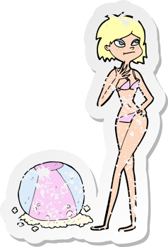 retro distressed sticker of a cartoon woman with beachball png