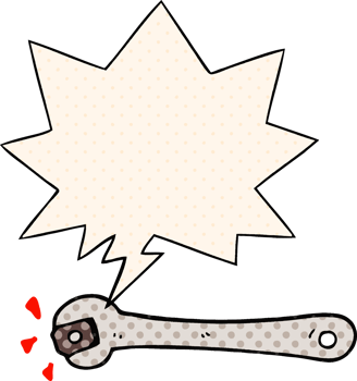 cartoon spanner turning nut and speech bubble in comic book style png