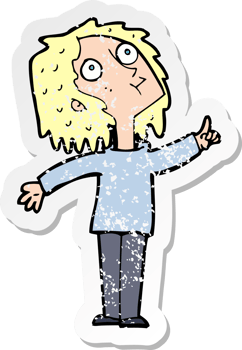retro distressed sticker of a cartoon curious woman png