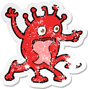 retro distressed sticker of a cartoon weird little alien png