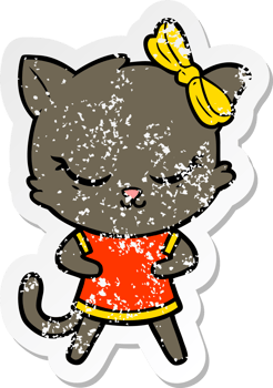 distressed sticker of a cute cartoon cat with bow png