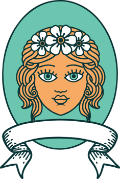 tattoo with banner of a maiden with crown of flowers png