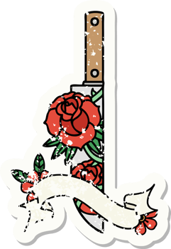 grunge sticker with banner of a dagger and flowers png