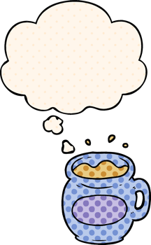 cartoon coffee cup and thought bubble in comic book style png
