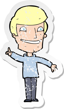 retro distressed sticker of a cartoon grinning man with idea png