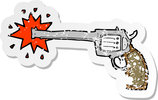 retro distressed sticker of a cartoon firing gun png