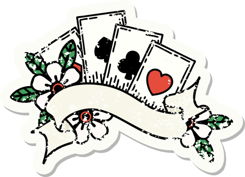 traditional distressed sticker tattoo of cards and banner png