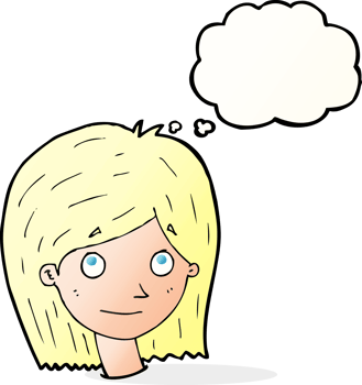 cartoon happy female face with thought bubble png