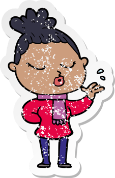 distressed sticker of a cartoon calm woman png