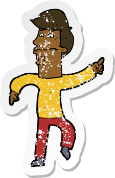 retro distressed sticker of a cartoon worried man pointing png