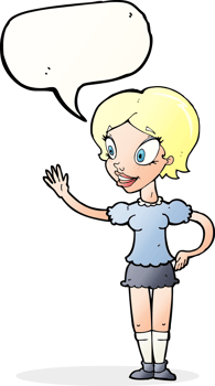 cartoon waving woman with speech bubble png