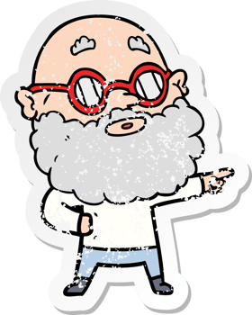 distressed sticker of a cartoon curious man with beard and glasses png