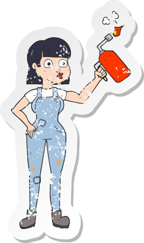 retro distressed sticker of a cartoon woman in dungarees png