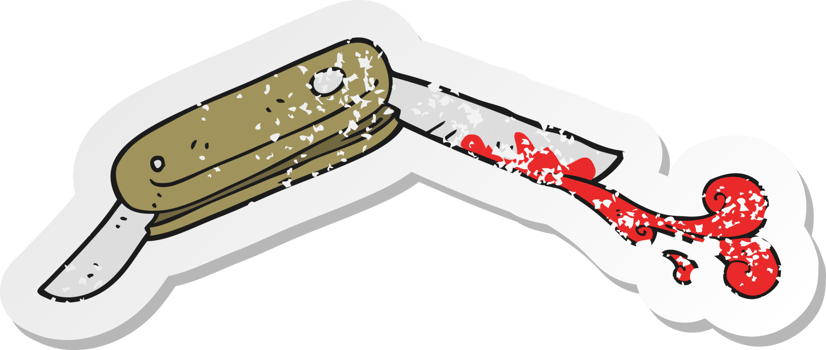 retro distressed sticker of a cartoon bloody folding knife png