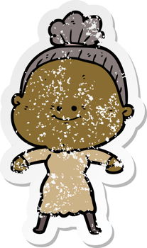 distressed sticker of a cartoon happy old woman png
