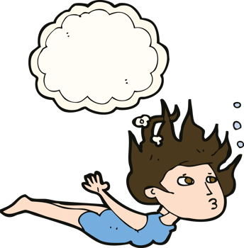 cartoon woman swimming underwater with thought bubble png