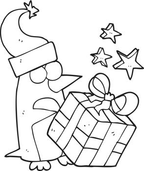 black and white cartoon christmas penguin with present png