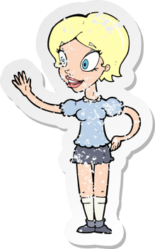 retro distressed sticker of a cartoon waving woman png