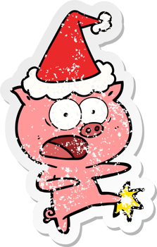 distressed sticker cartoon of a pig shouting and kicking wearing santa hat png