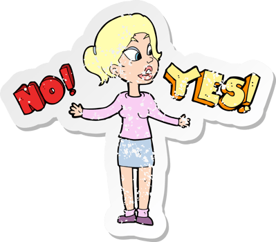 retro distressed sticker of a cartoon woman making choice png
